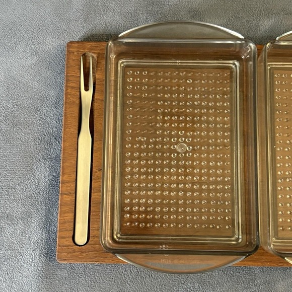 Mid Century Denmark Teak Appetizer Tray w/ Dual Plastic Inserts & Forks - Picture 5 of 12
